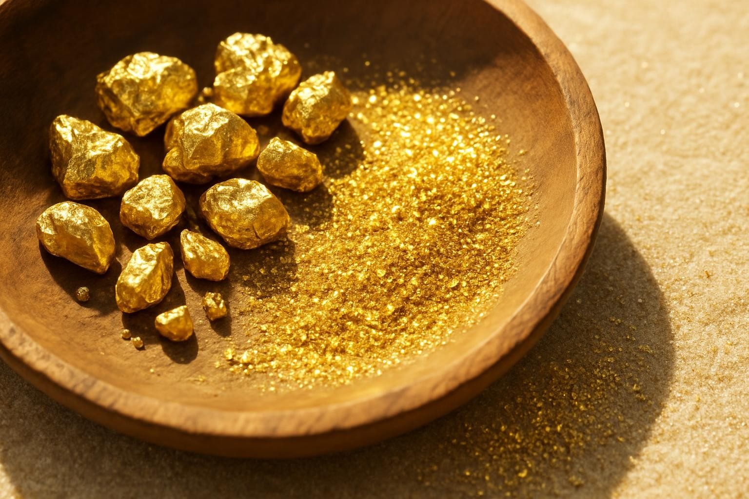 Raw natural gold nuggets and alluvial gold dust in a wooden prospecting pan
