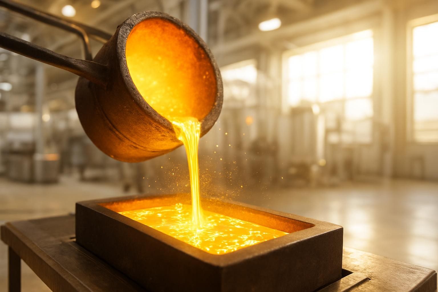 Molten gold poured from a crucible into a mould to cast a doré bar in a bright, modern refinery