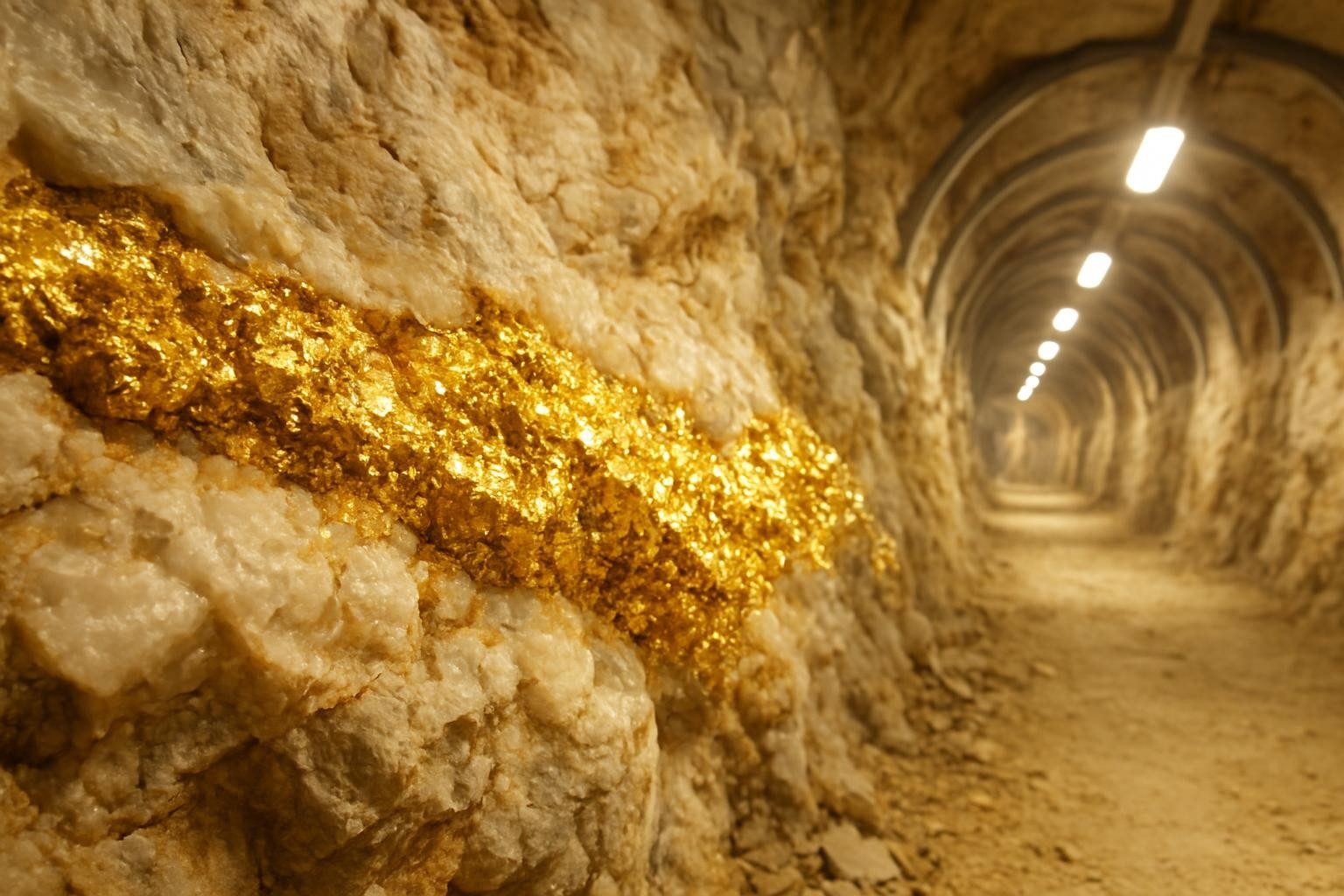 A rich vein of native gold in pale quartz rock inside a modern, well-lit gold mine tunnel